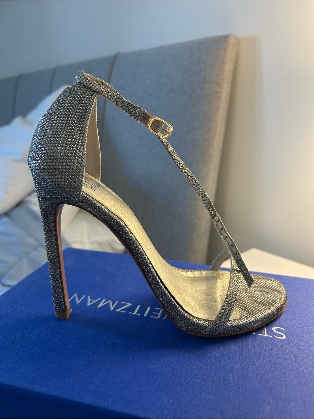 Stuart Weitzman Nudist High Heel Sandal Size 7.5 Gold Sparkle